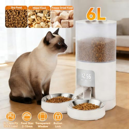 NEWBULIG Automatic Cat Feeder for 2 Pets 6L Dog Food Dispenser, White