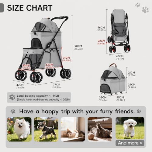 YYW Double Pet Stroller Foldable 2 Carriages Lockable Wheels Gray