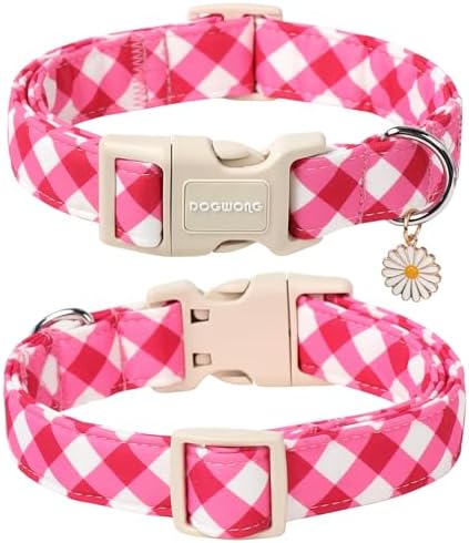 DOGWONG Pink Plaid Dog Collar for Small Medium Large Dogs L