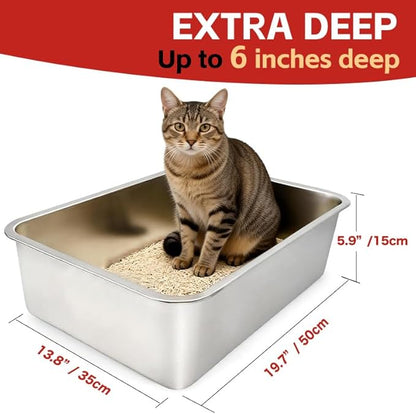 Stainless Steel Cat Litter Box, (19.7" x 13.7" x 6") Metal Litter Box for Kitty and Rabbits, No Odor Left & Non Stick Surface, Rust & Stain Resistant, Easy to Clean