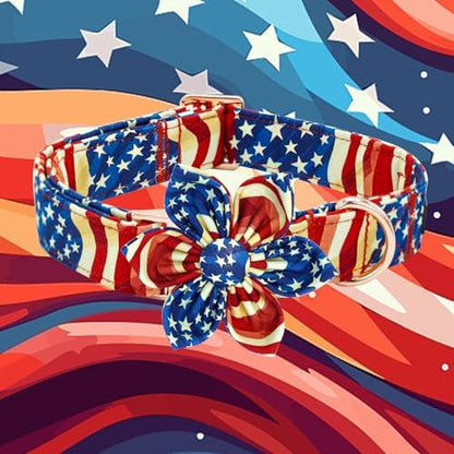 Elegant little tail Independence Dog Collar, Patriotic Pet Collar with Flower American 4th of July Holiday Cotton Soft Boy Girl Adjustable Dog Collars for X-Large Dogs