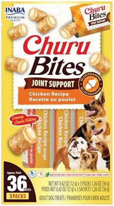 INABA Churu Bites Joint Support for Dog, Functional Lickable Dog Treat with Taurine & Green Tea Extract, 1.26oz Each, 18 Tubes Total, Chicken Recipe