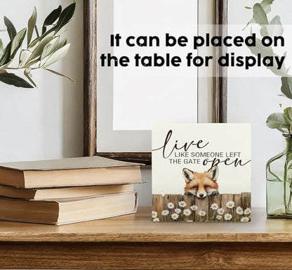 Fox Wooden Box Sign - Rustic Farmhouse Live Like Someone Left the Gate Open Signs for Home Decor,Farm Cottagecore Animal Office Kitchen Bedroom Decor,Fox Gifts for Women Men, 5x5