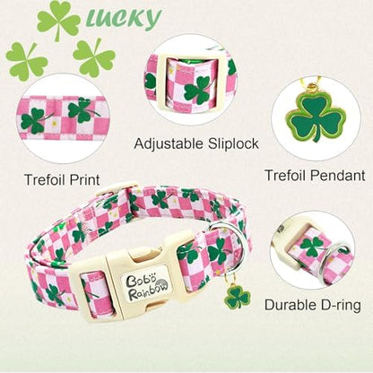 St Patrick's Pink Plaid Trefoil Dog Collar for Medium Dogs