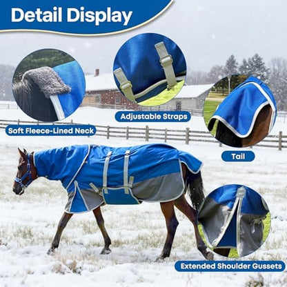 Horse Blankets for Real Horses Winter Horse Turnout Blanket Waterproof 1200D 260g Medium Weight Horse Blanket with Neck Cover Detachable