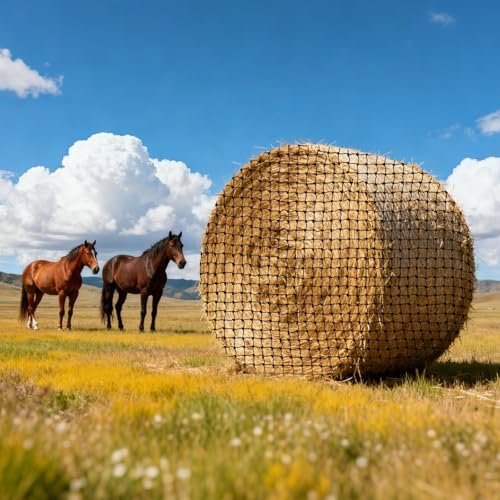 VEVOR Round Bale Hay Net, 4.92 x 4.92 x 4.92 ft, 1.75 inch Holes, PE Material, Reinforced Knotted Design, with Zip Ties, Needle Shuttle, and Repair Twine, Slow Feeder Round Bale Net for Horses