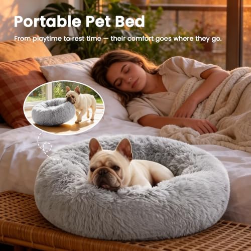 Love's cabin Calming Cat Bed for Indoor Cats, Anti-Anxiety Donut Round Dog Bed,Fluffy Faux Fur Washable Pet Bed for Small Medium Dogs and Cats, Grey, 24in