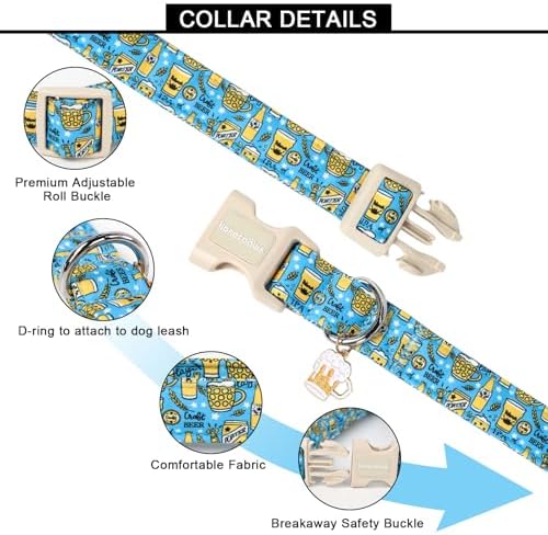 Lionet Paws Summer Dog Collar- Cute Beer Dog Collars with Plastic Buckle,Blue Yellow Light Adjustable Dog Collars for Medium Dogs