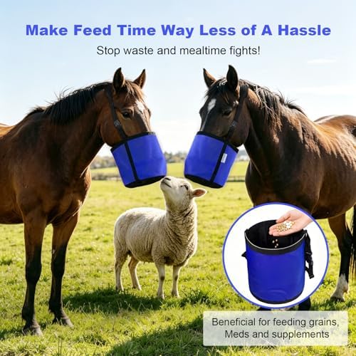 Horse Feed Bag for Grain, Breathable Muzzle Feed Bags for Horses, Universal Mesh Feedbag for Feeding Grain, Anti-Spill Design Feeder, Durable Nose Bag with Solid Bottom (Blue)