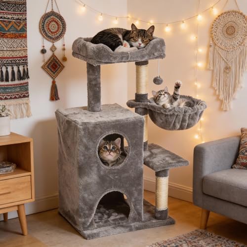 Fansafurn Cat Tree Tower for Indoor Cats, 36-inch Adult Cat Tree House for Large Adult Cats with Steps, Scratching Post, 2 Cat Condo, Dangling Toys, Light Grey