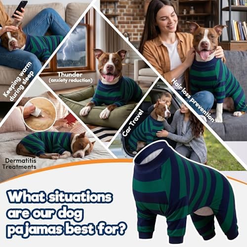 LovinPet Large Dog Pajamas Bodysuit, Green and Black Stripe Print, M
