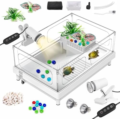 GOZILLA Small Turtle Tank Kit(Tank+Lamp), Acrylic Turtle Starter Kit, Reptile Habitat and Terrarium with Multi-Functional Areas for Small Reptiles. (White+Lamp)