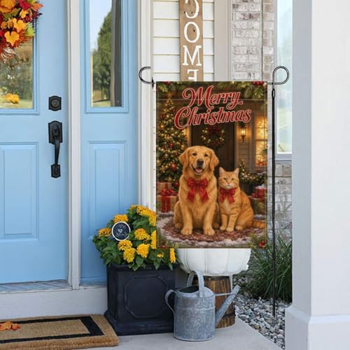 Christmas Pet Garden Flag 12x18 Inch Merry Holiday Golden Retriever Orange Cat Red Bows Tree Gifts Snowy Farmhouse Outdoor Yard Lawn Porch Double Sided Banner Welcome Decor