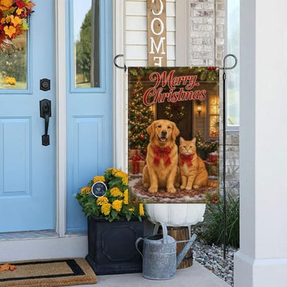 Christmas Pet Garden Flag 12x18 Inch Merry Holiday Golden Retriever Orange Cat Red Bows Tree Gifts Snowy Farmhouse Outdoor Yard Lawn Porch Double Sided Banner Welcome Decor