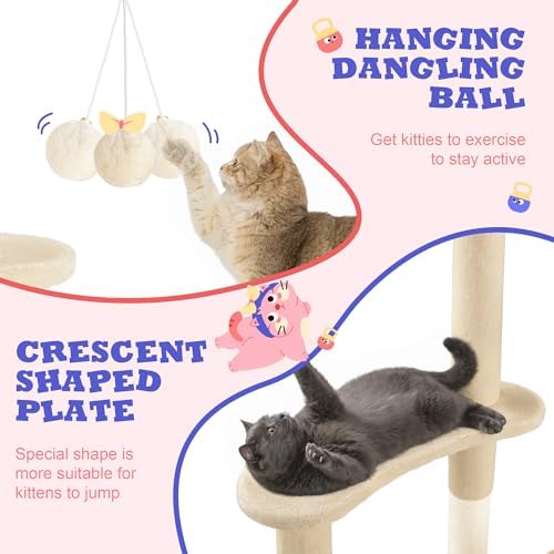 Allewie 55.5 in Cat Tree for Indoor Kitties/Soft Plush Perches/Multi-Level Cat Tower/Sisal Scratching Posts/Crescent Plates/Round Jumping Board/Hanging Ball/Pet Activity Center/Beige