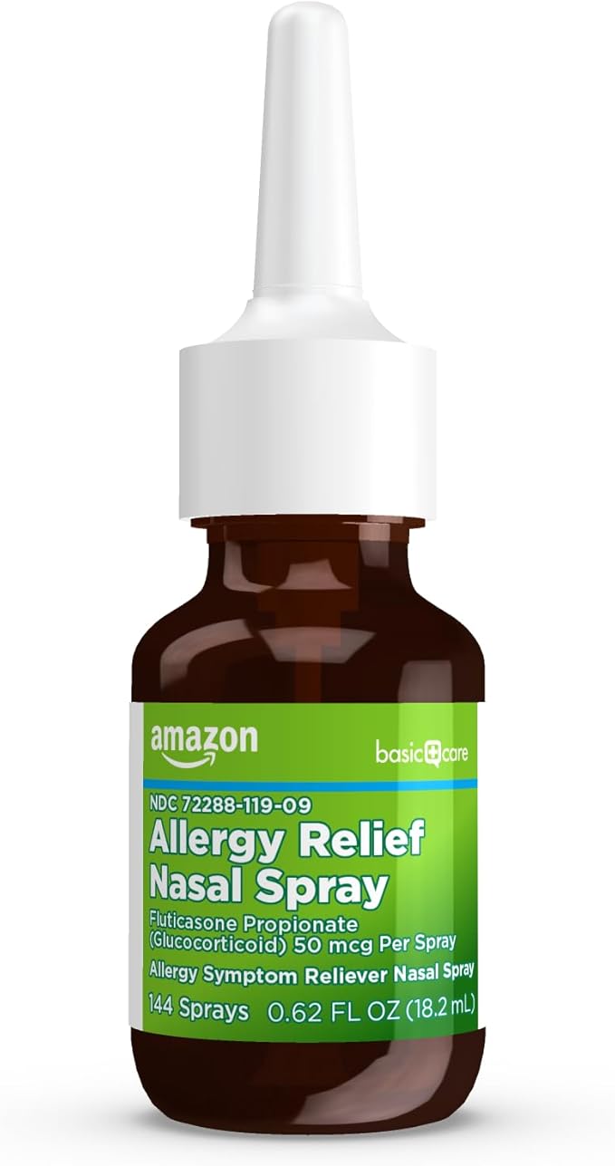 Amazon Basic Care 24-Hour Allergy Relief Nasal Spray, Fluticasone Propionate (Glucocorticoid), 50 mcg, Full Prescription Strength, Non-Drowsy, 0.62 Fl Oz