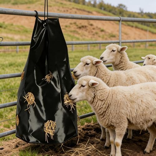Hay Bag for Horses, Rugged Slow Feed Hay Bags for Goats,Sheep,Donkey,Cows, Alpacas and Ostriches, Premium PVC Waterproof Horse Feeder with 9 Holes,Tear-Resistant, Easy to Fill, Large Opening