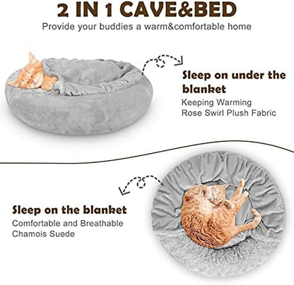 JOEJOY Dog Beds for Small Medium Dogs, Cozy Cuddler Luxury Puppy Pet Bed with Blanket Attached, Donut Round Calming Anti-Anxiety Dog Burrow Cave Bed - Anti-Slip Bottom and Machine Washable 26 inch