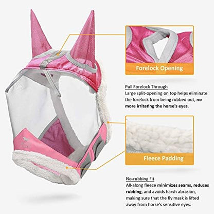 Harrison Howard CareMaster Horse Fly Mask UV Protective Fine Mesh with Extra Wool Soft Touch on Skin Light Pink-Silver XL