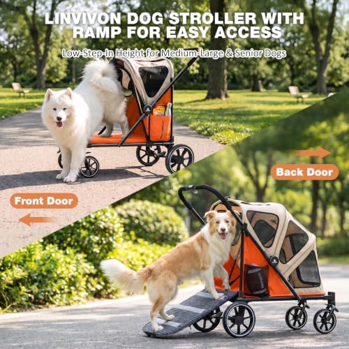 Dog Stroller for Medium Dogs 88lbs W/Ramp for Easy Access Foldable Orange