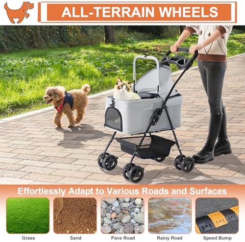 Pet Stroller with Detachable Carrier for Small Dogs & Cats, Gray