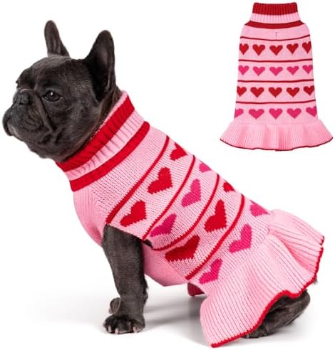 KYEESE Valentines Dog Sweater, Warm Pullover Dog Sweaters for Small Dogs, Soft Turtleneck Small Dogs Sweater, Stretchy Pet Sweaters Dress with Heart Print, Comfy Pet Clothes Coat with Leash Hole, L