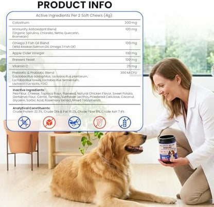 Dog Allergy Chews 200 Ct - Itch Relief for Dogs Immune Support with Colostrum Probiotics & Omega 3 - Seasonal Allergies Anti-Itch Skin & Coat Supplement, Itchy Skin & Paw Relief Bites - Chicken Flavor
