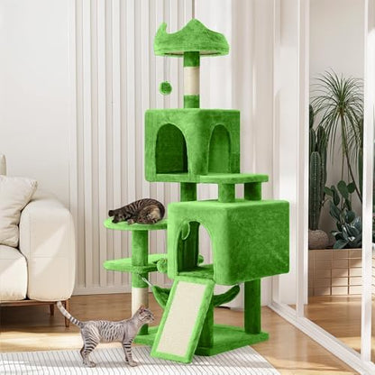 YITAHOME 54in Cat Tree Tower Condo, Multi-Level with Sisal Scratching Post, Cat Condos, Plush Top Perches, Hammock, Space Saving Cat Condo, Dangling Ball, Pet Play House,Pet Gift, Green