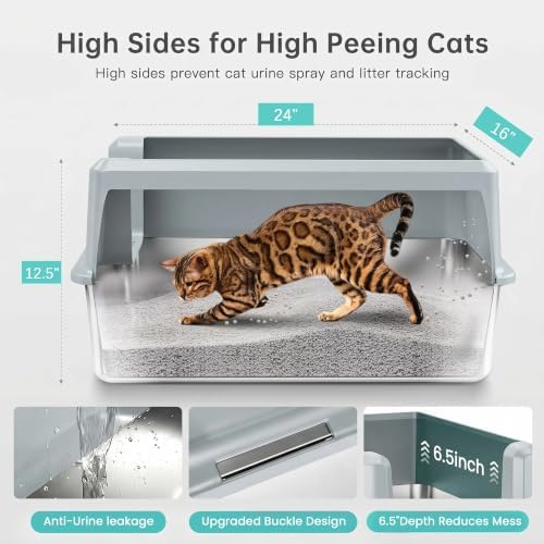 WoofiGo XL Stainless Steel Litter Box, High Sided Litter Pan for Big Cats
