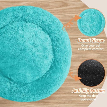 JOLLYVOGUE Calming Dog Bed for Small Dogs - 23 inches Donut Washable Small Dog Bed for Kittens & Puppies, Anti-Slip Round Fluffy Plush Faux Fur Cat Beds (Fits up to 25 lbs Pets, Aqua Blue)