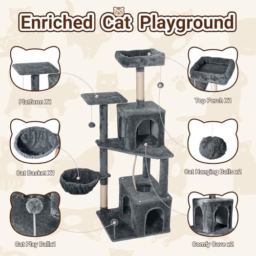 54 Inch Multi-Level Cat Tree Tower with Hammock, Condos & Scratching Posts, Large Cat Furniture for Indoor Cats with Pompoms, Dark Grey