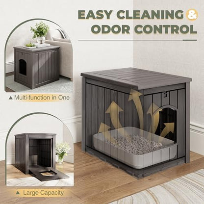 Cat Litter Box Enclosure, Enclosed Cat Litter Box Raised Floor, Openable Front Door Outdoor Cat House Weatherproof, Easy to Clean, Grey
