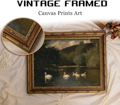 Vintage Gold Framed Swan Wall Art, Dark Moody Swans Lake Landscape Oli Painting Canvas Print, Antique Wildlife Bird Picture Wall Decor, Rustic Farmhouse Poster Artwork for Bedroom Living Room