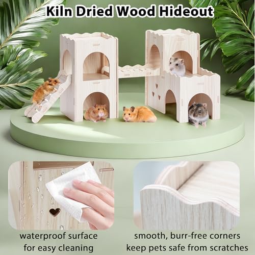 Large Hamster Hideout, Wooden Double-Decker Castle with Climb Ladder