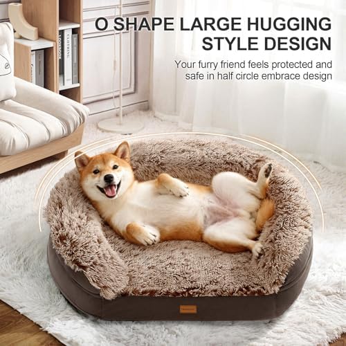 iweepet Fluffy Orthopedic Dog Beds for Large & Extra Large Dogs, 44" Dog Sofa Bed with Supportive 28D Egg-Crate Foam, Removable Washable Cover, Waterproof Lining, for Puppy,Senior,Sick,Brown