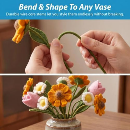 Glaciart One Felt Flowers Artificial Bouquet - 8 pcs | Reusable, Washable and Essential Oil Ready Multi Color Artificial Flowers w/Bendable Wire Stem | Great as Gift and Home or Event Decorations