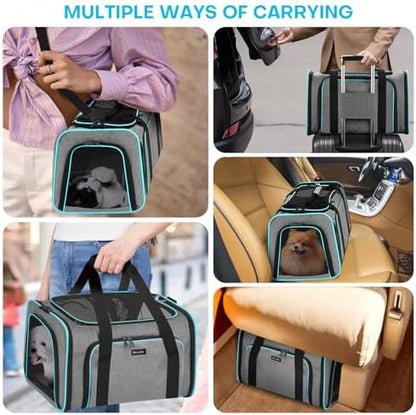 Pet Carrier, Large Soft Sided Expandable Travel Carrier with Steel Frame, Anti-Scratch Mesh, Removable Fleece Pad and Pockets for Cats, Dogs and Small Animals up to 15 lbs (Gray, 5 Sides Expandable)