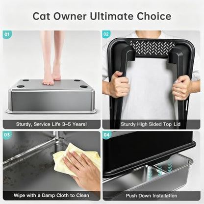 WoofiGo XL Stainless Steel Litter Box, High Sided Litter Pan for Big Cats