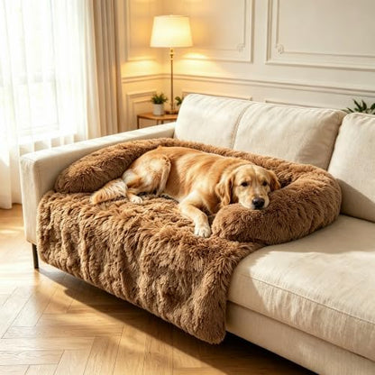 Calming Dog Bed for Couch, Thickened Plush Dog Mat with Raised Bolster