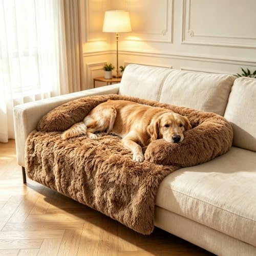 Calming Dog Bed for Couch, Thickened Plush Dog Mat with Raised Bolster
