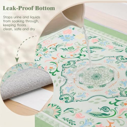Bienbee Cat Litter Mat, 2PCS 28"x20" Machine Washable Litters Box Mats Non-Slip &Waterproof Cat Litters Trapping Mats Easy to Clean Mat for Litter Box Less Waste Protects Floors Bean Green Mandala M