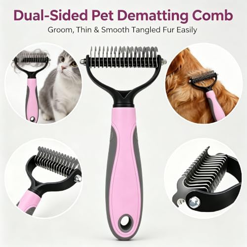 Pet Grooming Brush - Double-Sided Dematting Comb & Deshedding Tool for Dogs and Cats, Effortless Hair Removal, Ideal for Long-Haired Breeds, Reduce Shedding (1, Pink, Small)