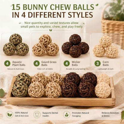 Skylety 15 Pcs Bunny Chew Balls Grass Toys for Rabbit Guinea Pig Hamster