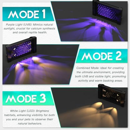 Dimmable LED Reptile UVB Lamp, 8000 Hours UVB Duration for Much Longer Lifespan, Adjustable 4/8/12-Hour Cycles, Suitable for Gecko, Chameleon, and Bearded Dragon, 8W, M Size
