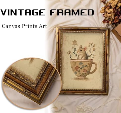 Vintage Gold Framed Mouse Wall Art, Rat in Floral Teacup Canvas Print, Cottagecore Whimsical Animal Picture Wall Decor, Antique Rustic Farmhouse Poster Artwork for Nursery Bedroom Living Room
