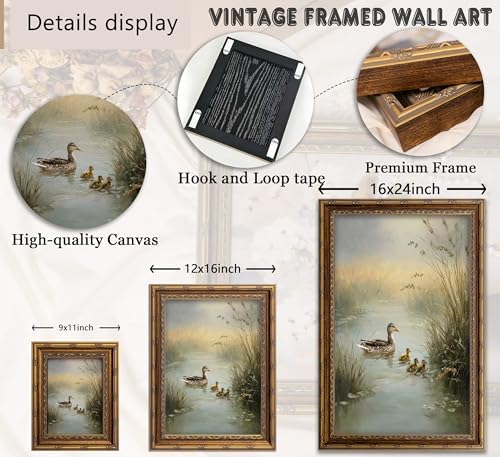 Vintage Gold Framed Duck Wall Art, Pond Ducks Oil Painting Canvas Print, Miniature Bird Wall Decor, Antique Animal Mallard Picture Poster, Rustic Farmhouse Artwork for Nursery Bedroom Living Room