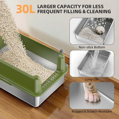 Stainless Steel Cat Litter Box, XXL High Sided Open Top Litter Pan, 1 Scoop