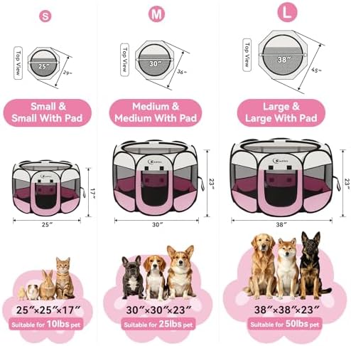 Siedihit Dog Cat Pet Playpen Tent Crate Cage with Washable Pad, Medium Pink