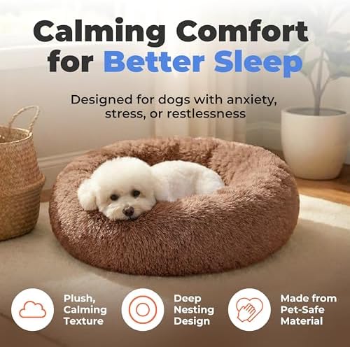 Best Pet Supplies Round Calming Dog Bed for Small, Medium & Large Dogs, Plush Donut Cuddler Pet Bed w/Raised Rim for Head, Neck Support, Anti-Slip Bottom Washable Bed - Caramel, 30 x 30 x 8