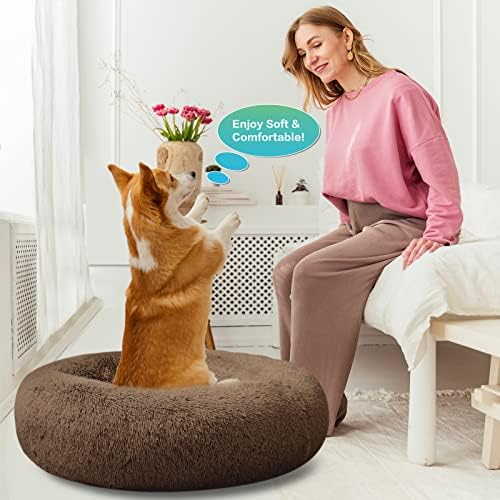 SAVFOX 20 inches Calming Donut Dog Bed - 3X Durable Plush Faux Fur, Machine Washable & Non-Slip, Fits up to 15 lbs, Brown